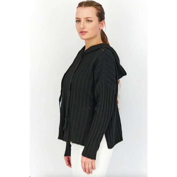 AQUA Knit Hooded Sweatshirt Ribbed Stretchy Heather Grey Medium Cozy Warm Lounge - Picture 7 of 8